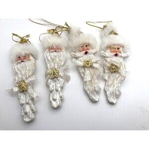 Vintage Icicle Santas 5 inch,White Shiny, Glitter, Fur Set Of 4